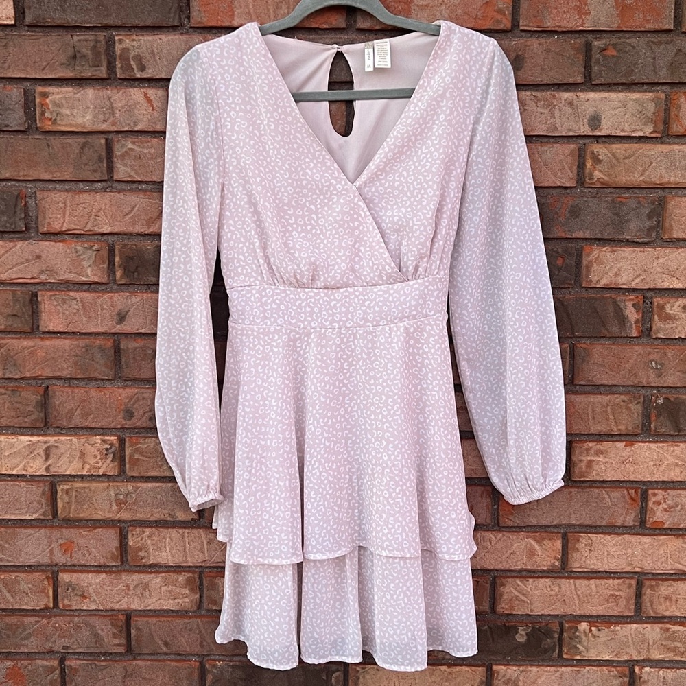 Pink Fit and Flare Smocked Back V Neck Long Sleeve Spring Dress Size Medium